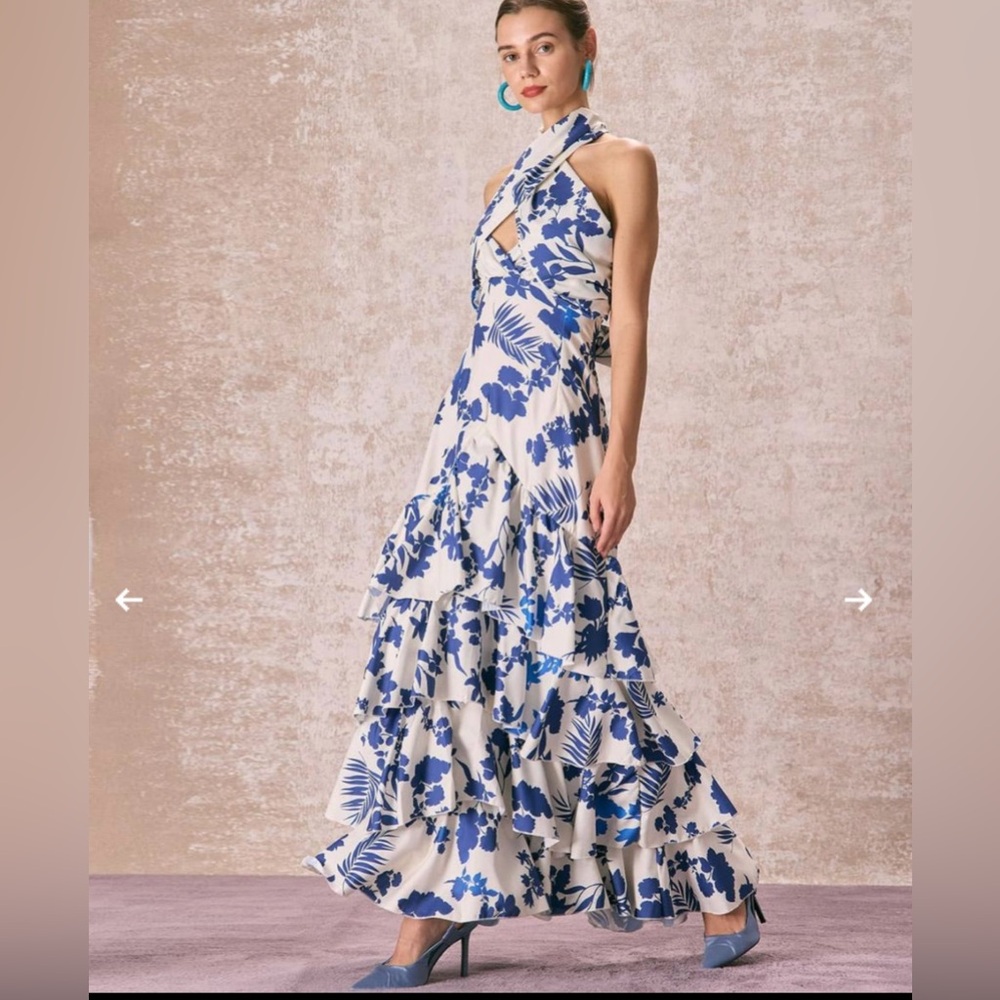 the blue halter cut out ruffle maxi Dress Size XL wedding multi blue wht floral - Picture 2 of 15